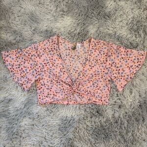 Divided Pink and Blue Flutter Sleeve Crop Top